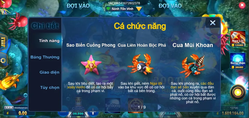 Bảng Chức Năng Mega Fishing Betvip