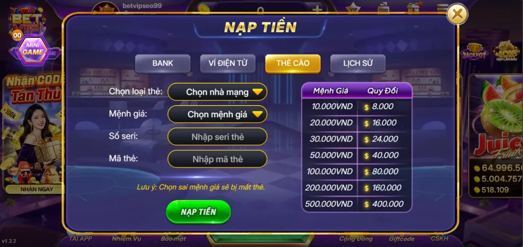 Nạp Tiền Betvip qua Thẻ Cào