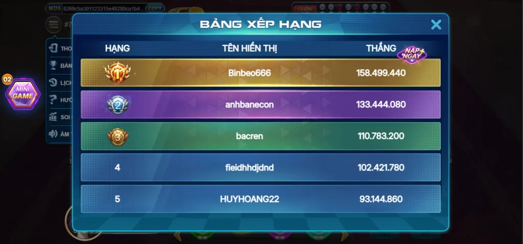 Bảng Xếp Hạng Xóc Đĩa MD5 Betvip